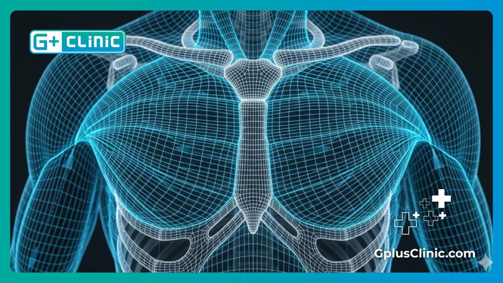 Digital mesh visualization of the chest area showing medical precision