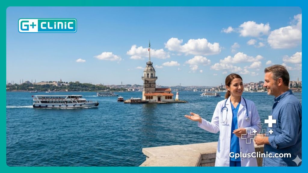 Friendly doctor welcoming a patient with the Istanbul Bosphorus view