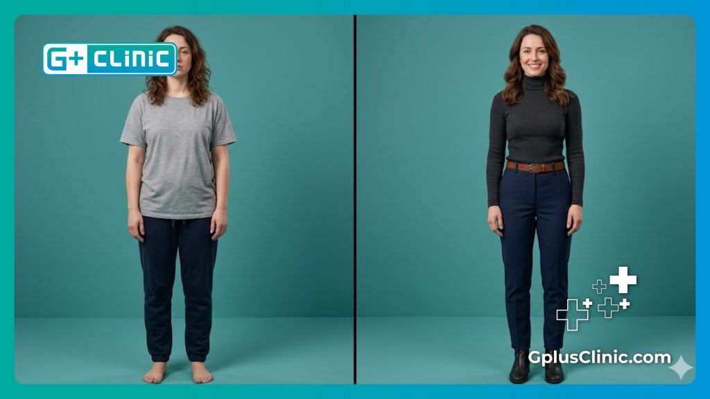 Split-screen before and after transformation showing a perfectly flat lower abdomen after surgery.