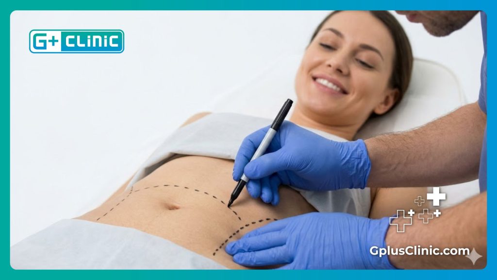 Close up of a cosmetic surgeon drawing surgical markings on a patient's lower stomach for precision.