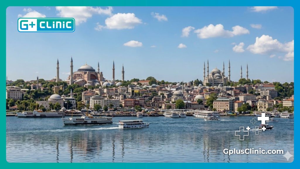 Beautiful daytime panoramic view of the Istanbul skyline featuring the Hagia Sophia across the Golden Horn.