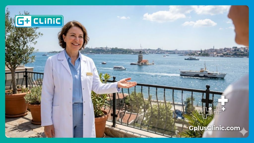 Chirurgien esthétique vous accueillant à Istanbul devant la célèbre tour de Léandre