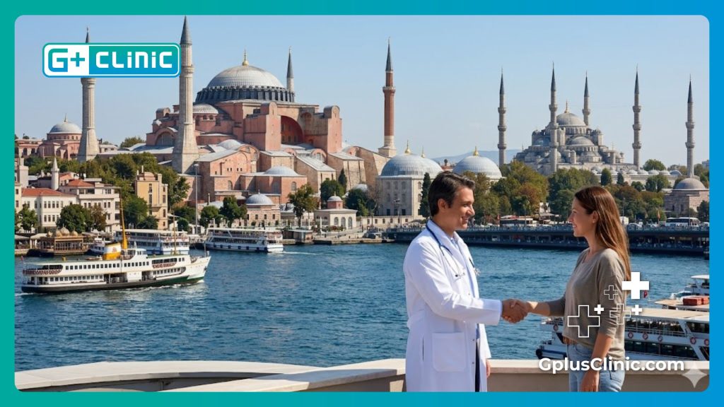 Médecin accueillant chaleureusement le patient à Istanbul avec vue sur la ville