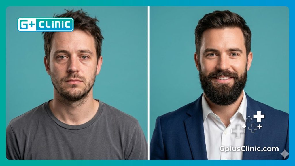 Visualización dividida del cambio espectacular tras restaurar el vello facial