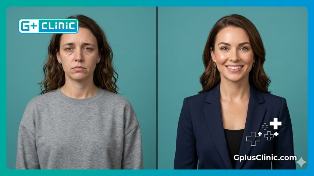 : A clear split-screen comparison showing a patient's face before and after a successful eyebrow lift procedure.