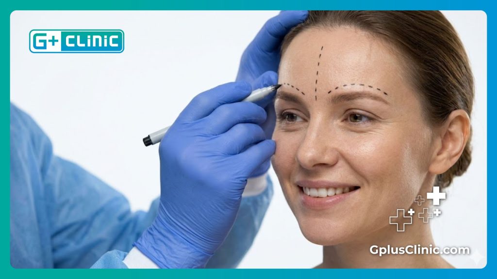 : Doctor carefully drawing precise surgical markings on a patient's forehead for a brow lift.