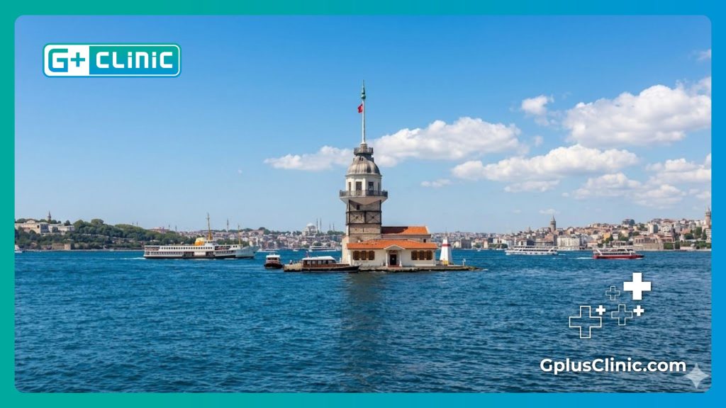 A beautiful sunny view of the Bosphorus Strait and Maiden's Tower in Istanbul.