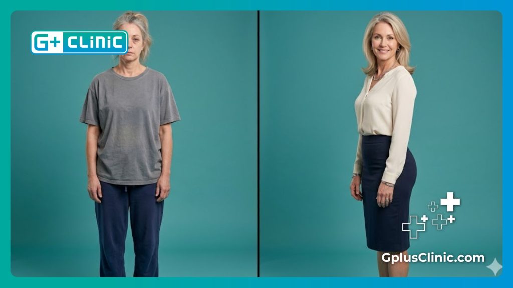 Pantalla dividida mostrando resultados corporales asombrosos