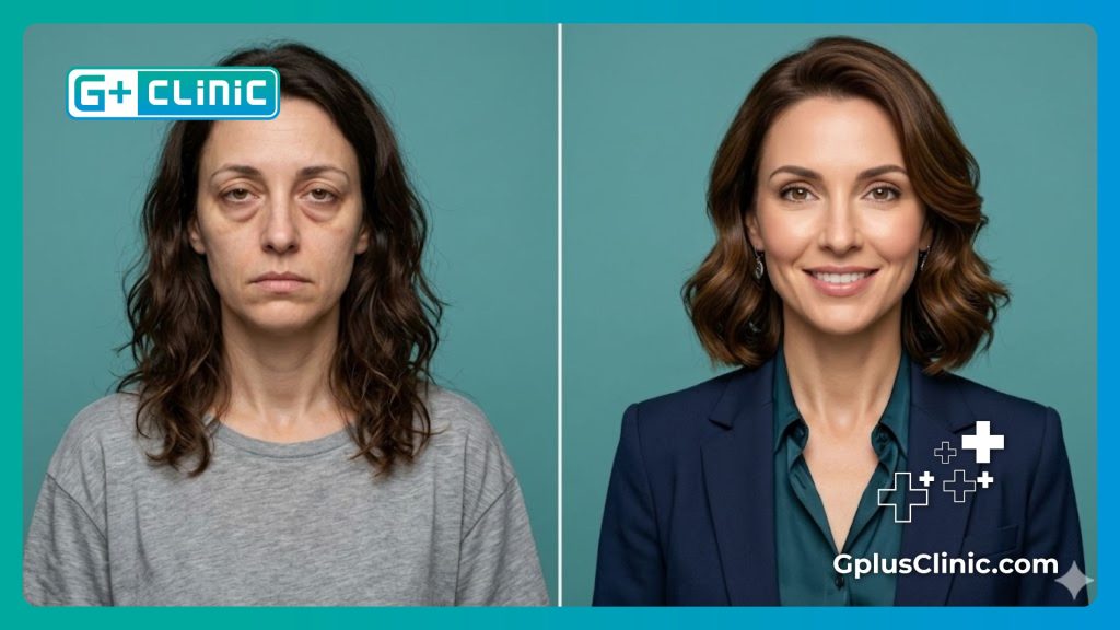 Сравнение до и после, показывающее устранение нависших век