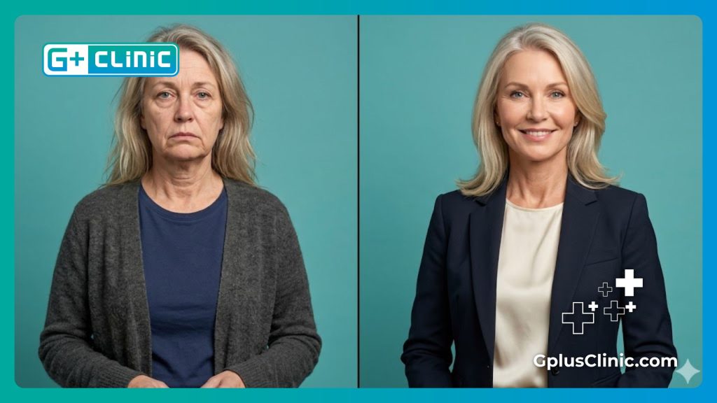 Split screen digital visualization of facial rejuvenation results