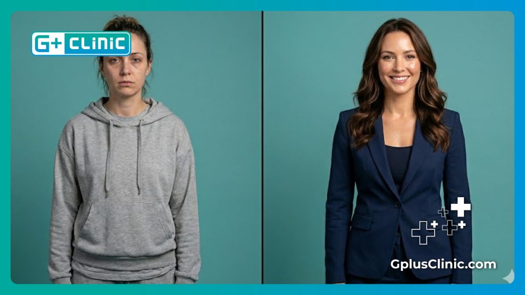 Split screen digital visualization of skin before and after successful mesotherapy