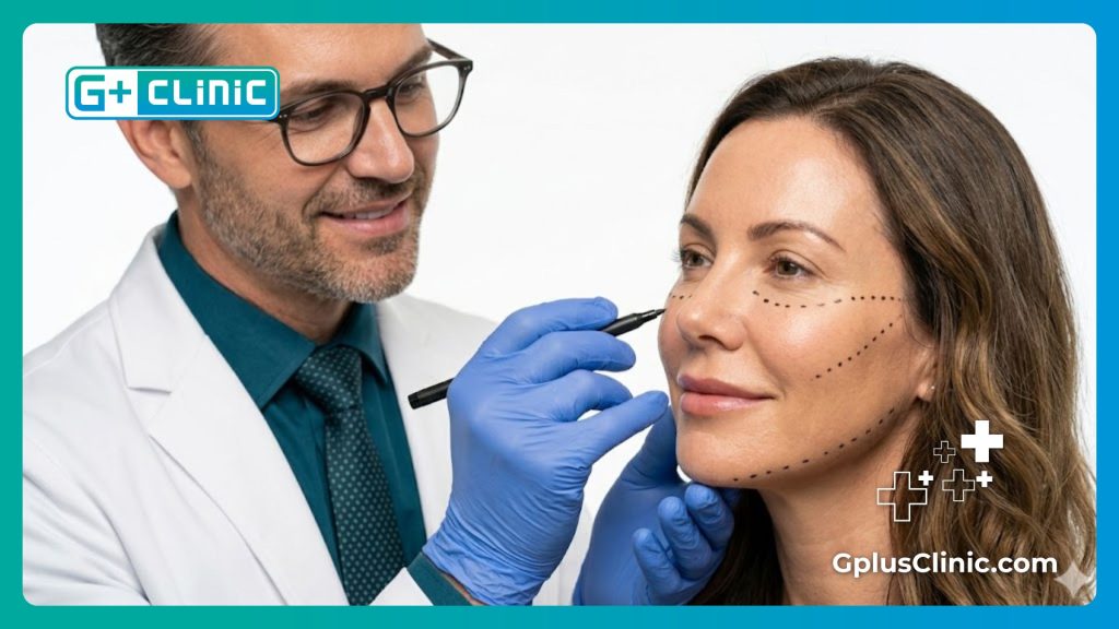 Close-up of doctor carefully marking the facial treatment area for a perfect mesotherapy result
