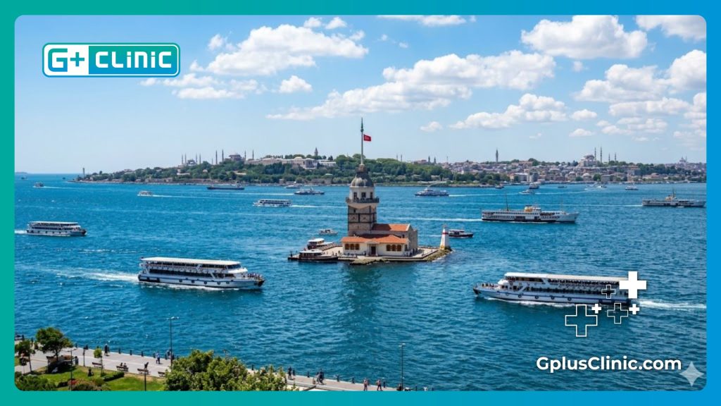 Beautiful sunny day view of the Maiden's Tower on the Bosphorus in Istanbu