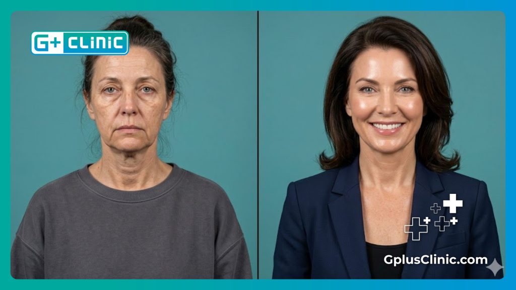 Split screen transformation showing facial rejuvenation before and after