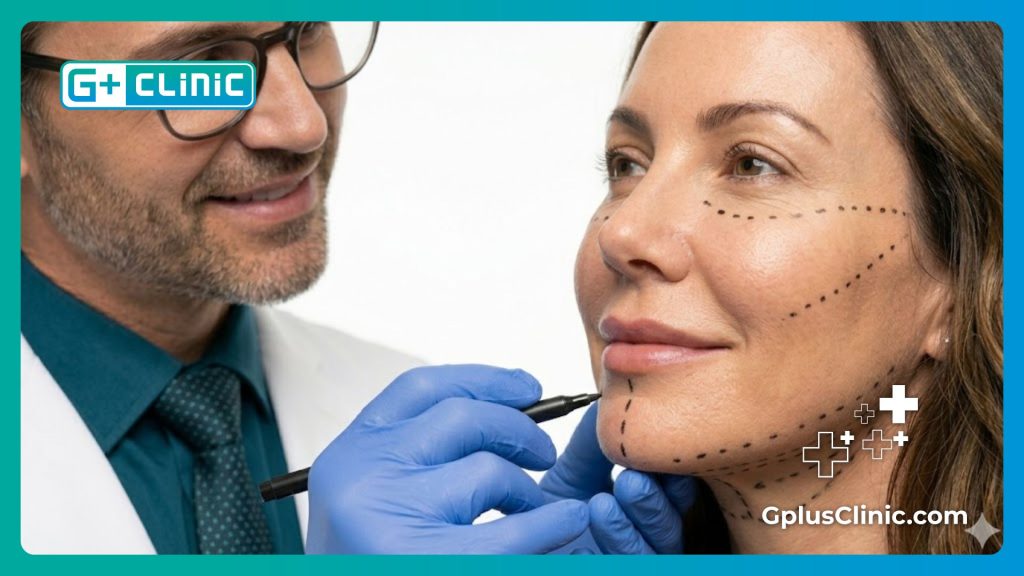 Close-up of perfect surgical markings for facial surgery