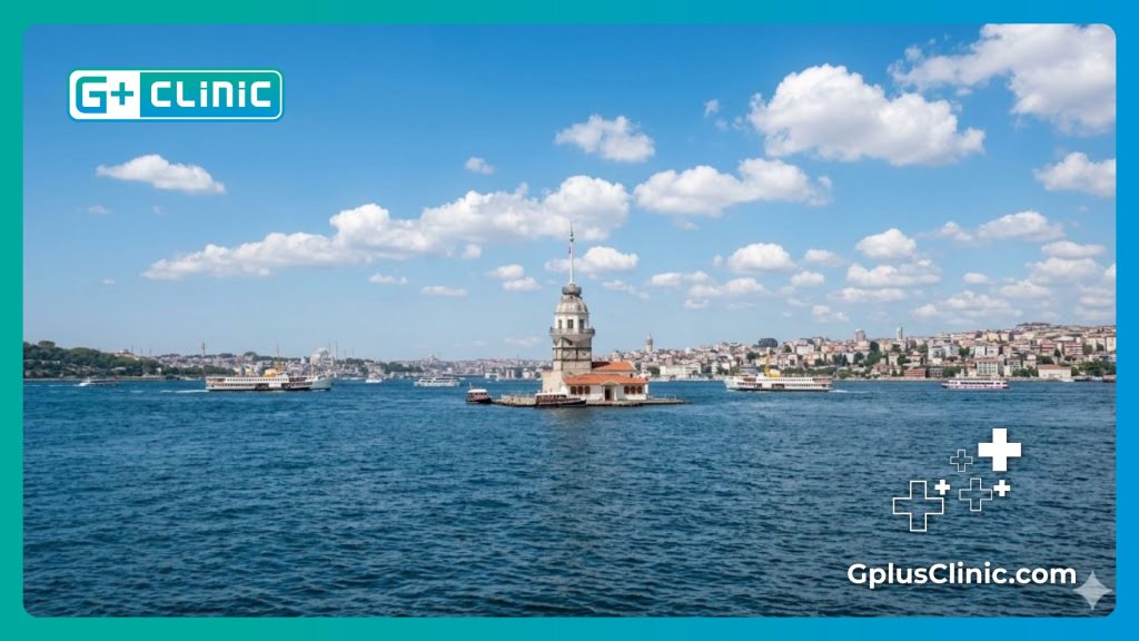 طبيب يرحب بالمريض في اسطنبول مع مشهد جميل لبرج الفتاة