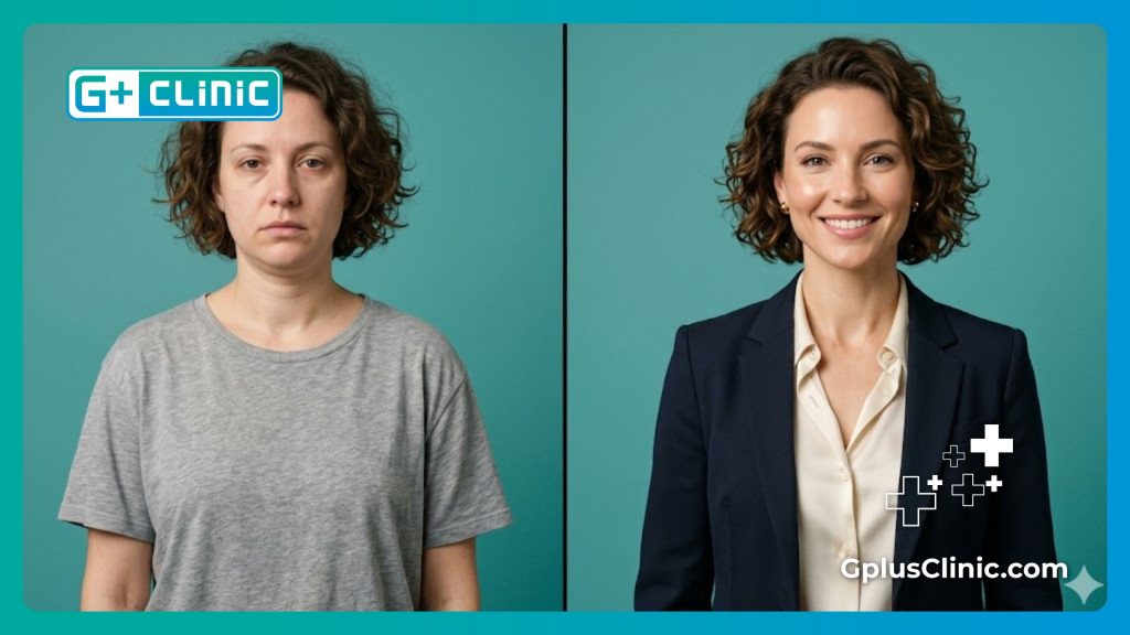 Before and after split screen showing a perfectly contoured neck and jawline result.