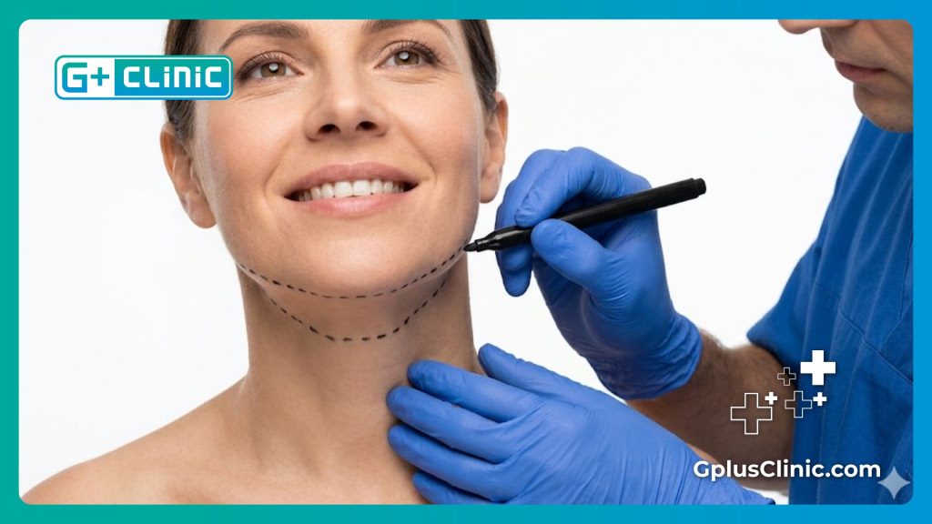 Doctor drawing precision surgical guidelines on a patient's neck.