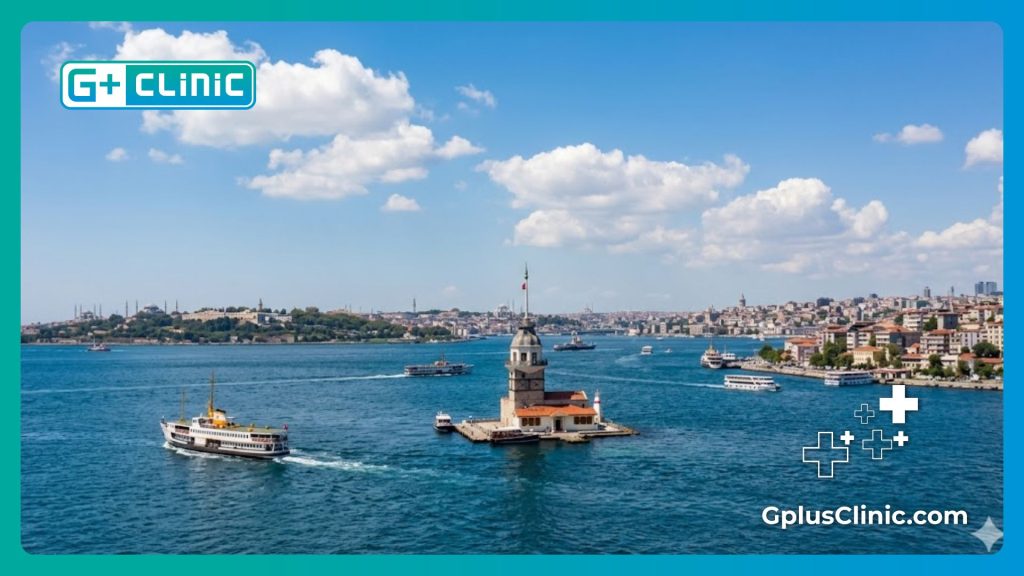 Clear daytime view of the Maiden's Tower on the Bosphorus in Istanbul.