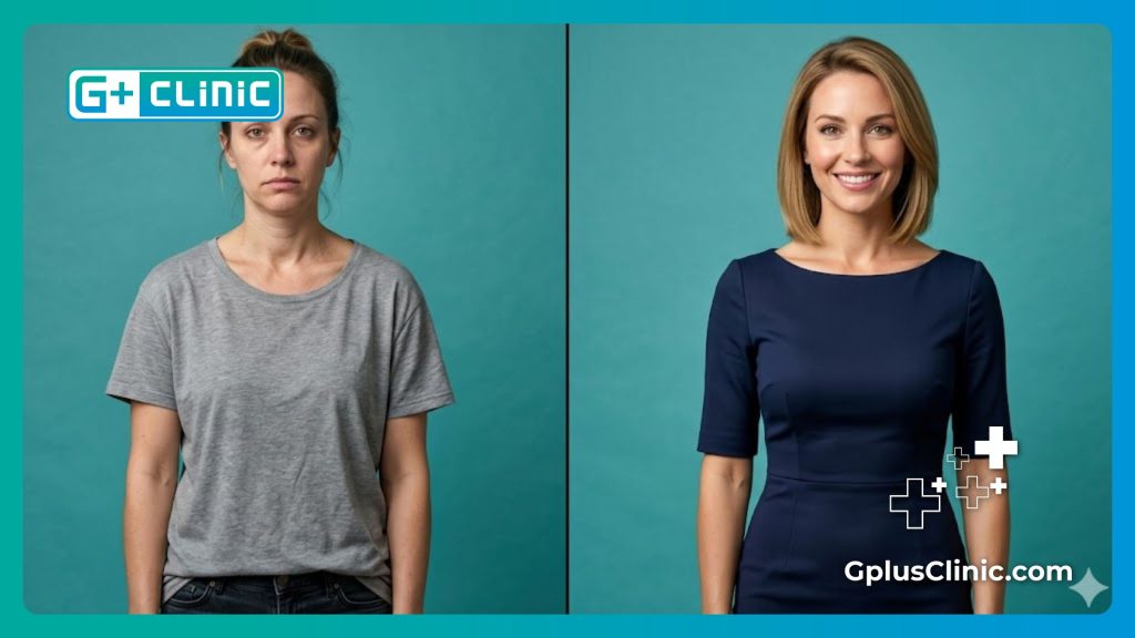 Digital scan and split-screen before and after results for breast firming