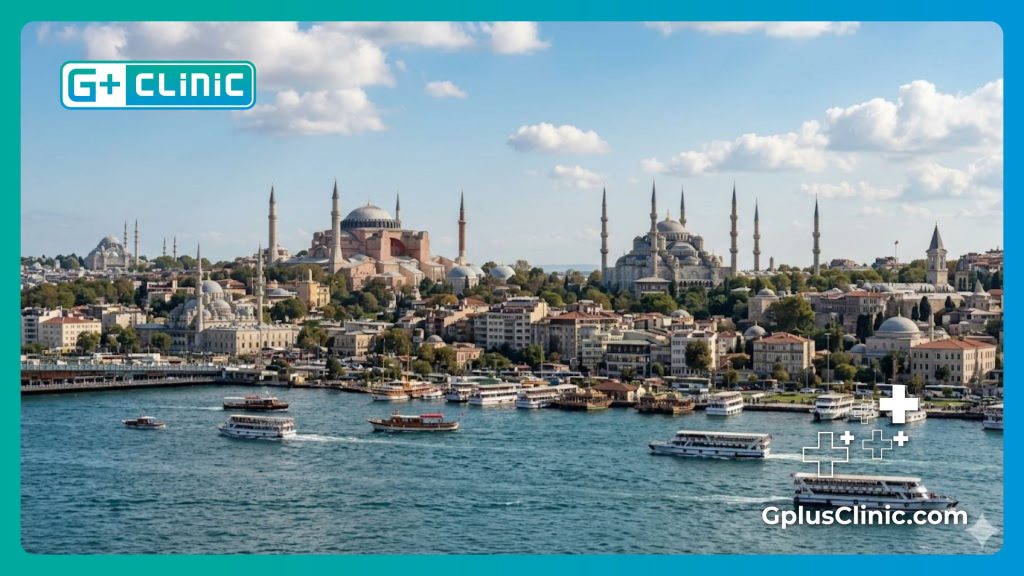 Aesthetic clinic welcoming patients with a beautiful authentic Istanbul skyline view