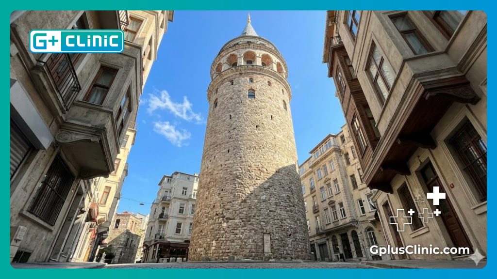 Friendly pediatric eye doctor welcoming a family in front of the Galata Tower in Istanbul.