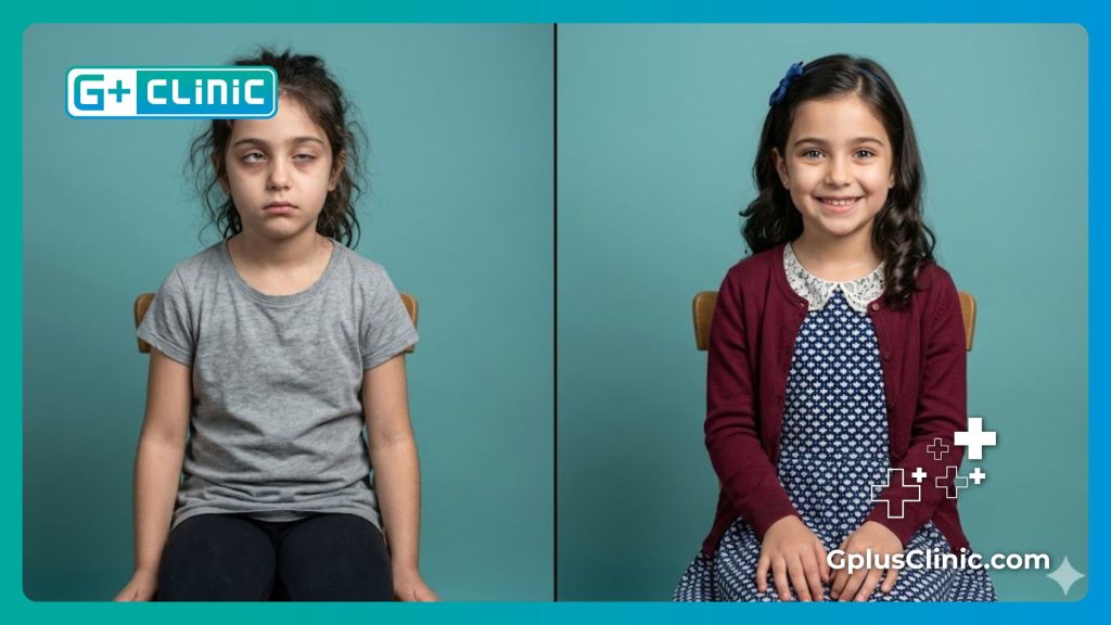 Digital split-screen comparison of a child's vision health progress.