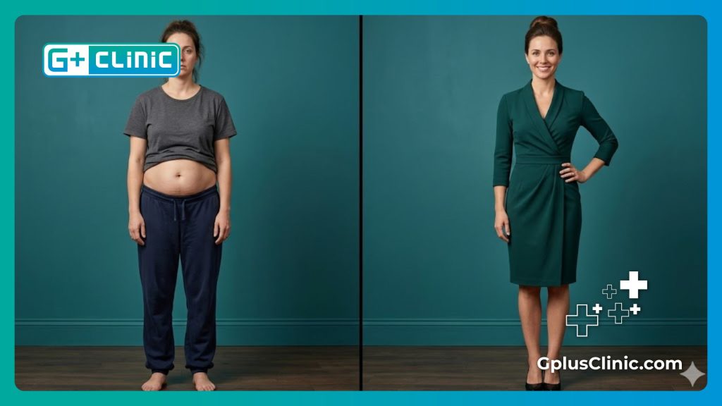 Digital split-screen transformation showing the results of a body lift