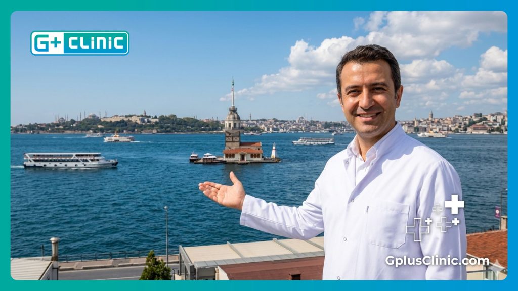 Friendly eye doctor welcoming a patient in front of the beautiful Bosphorus in Istanbul