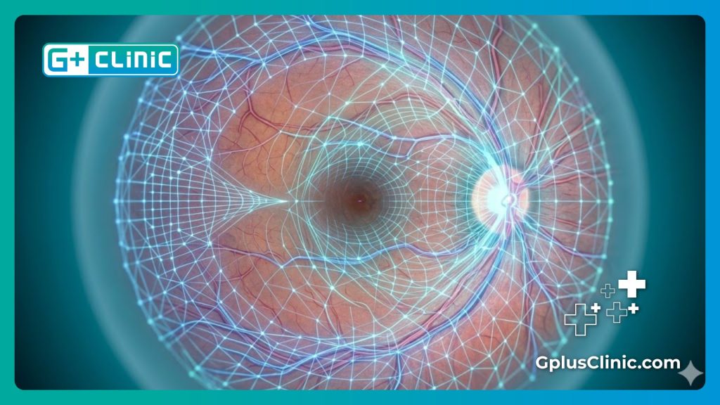 High-tech digital mesh scan of the human retina showing precise surgical mapping.