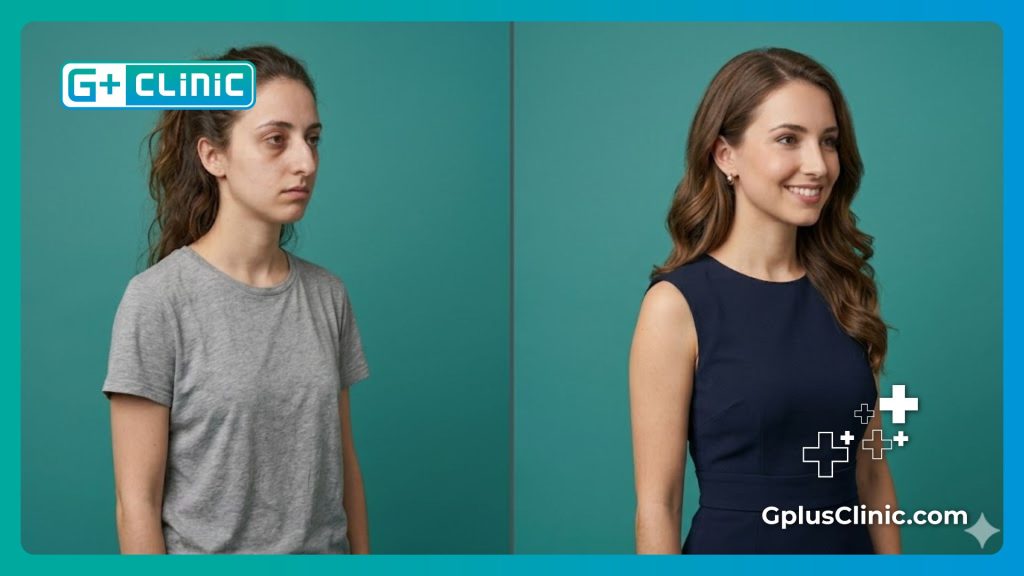 Split screen showing detailed before and after profile of a nose reshaping