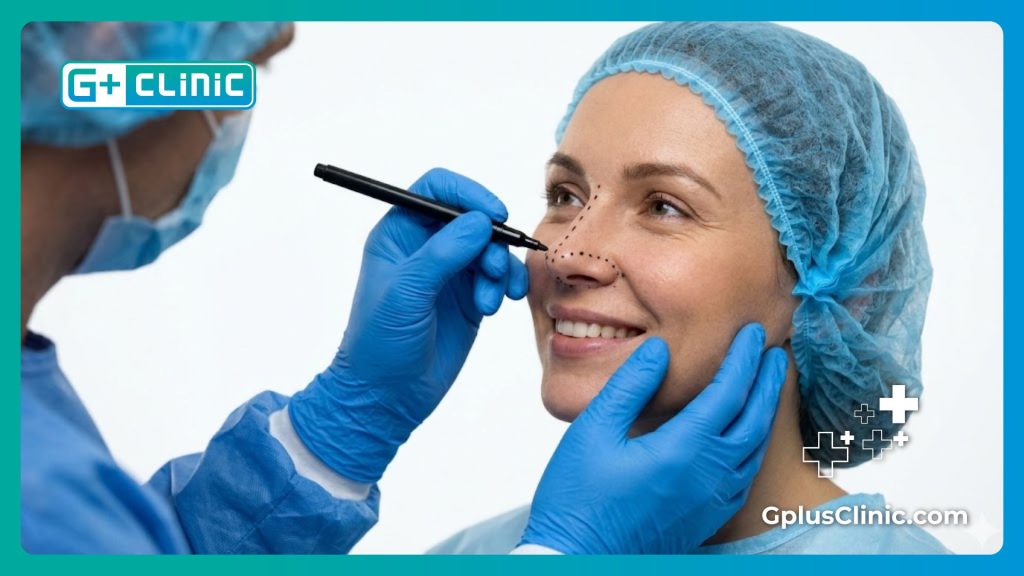 Close up of a doctor drawing surgical guidelines on a patient's nose