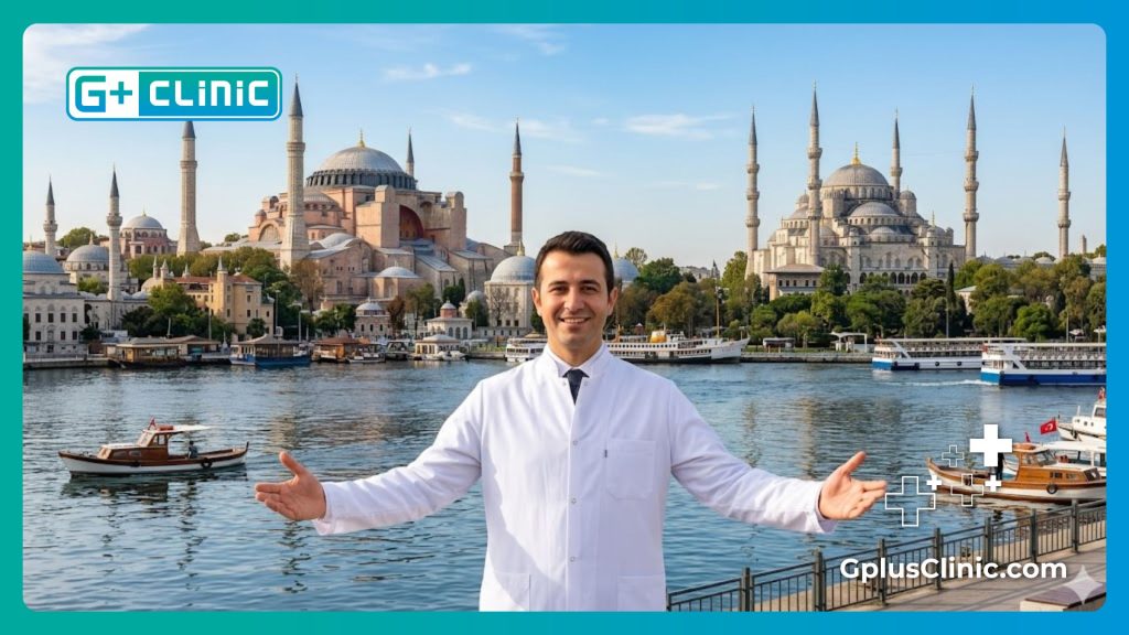 Médecin accueillant un patient avec la ligne d'horizon d'Istanbul en arrière-plan.