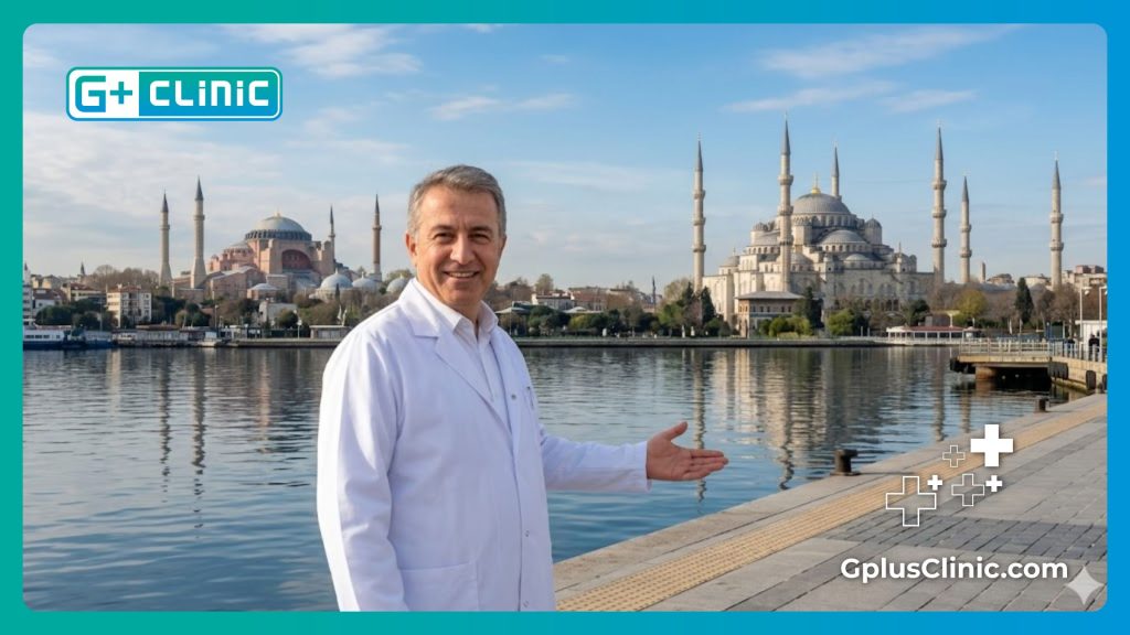 Friendly eye doctor welcoming patient to Istanbul landmarks