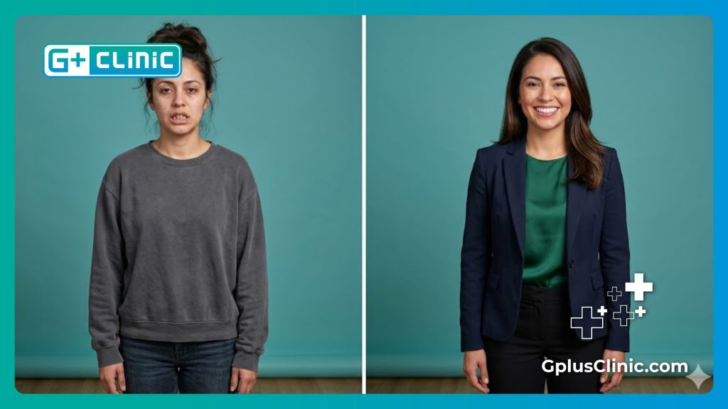 Pantalla dividida de antes y después mostrando una transformación dental segura