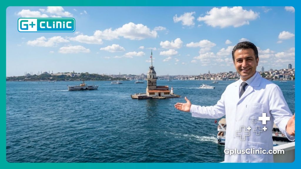 Пластический хирург приветствует пациентов в Стамбуле на фоне Босфора