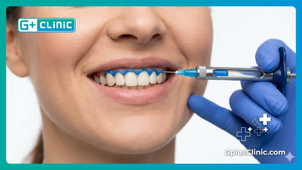 Крупный план идеального результата стоматологической процедуры и защиты десен.