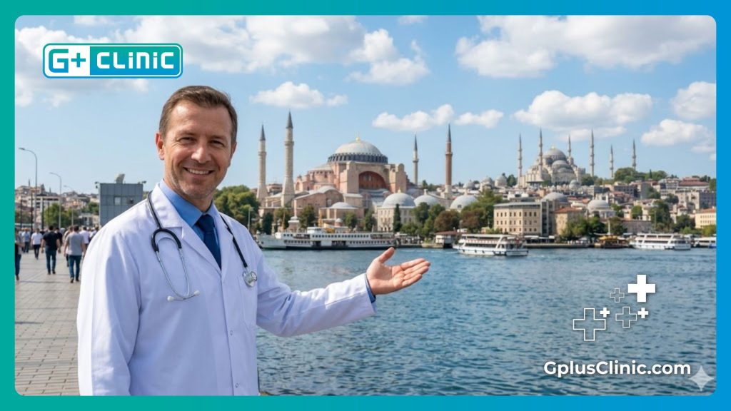 Врач приветствует пациента на фоне красивой архитектуры Стамбула.