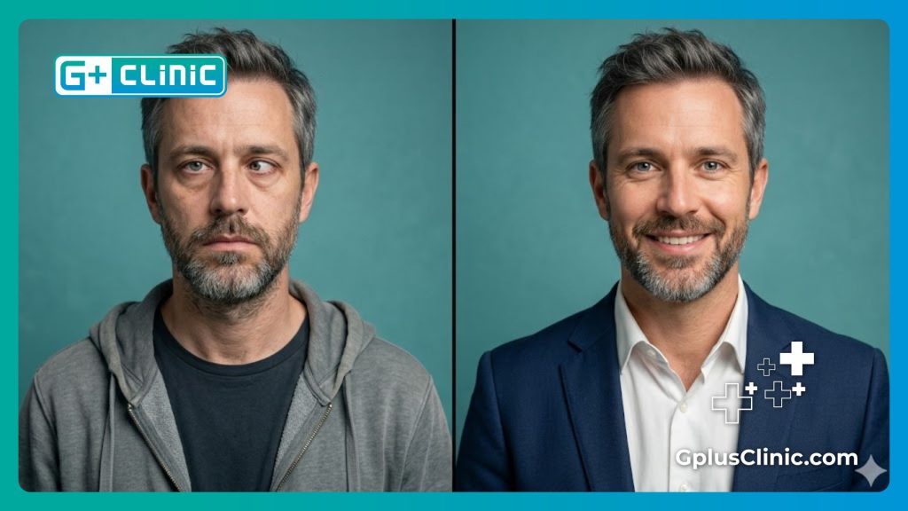 Pantalla dividida que muestra la alineación perfecta y simétrica de los ojos