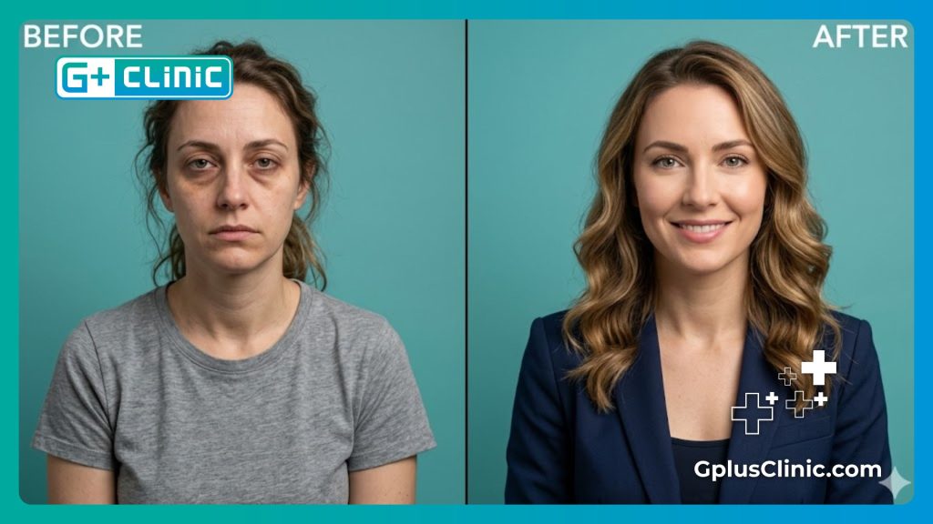 Before and after split screen showing the transformation of under-eye hollows and dark circles.