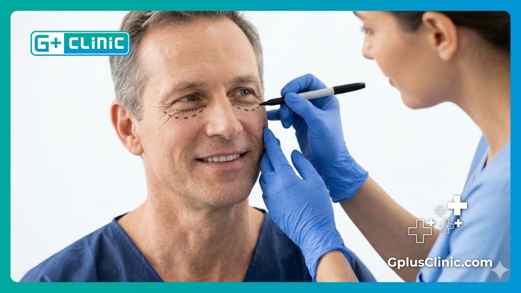 Close-up of a doctor making precise surgical markings under a patient's eyes for exact placement.