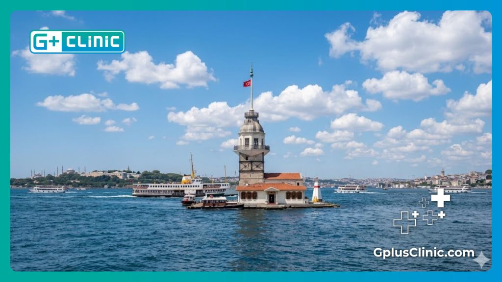 Beautiful wide shot of the Bosphorus Strait and Maiden's Tower in Istanbul under a clear sky.