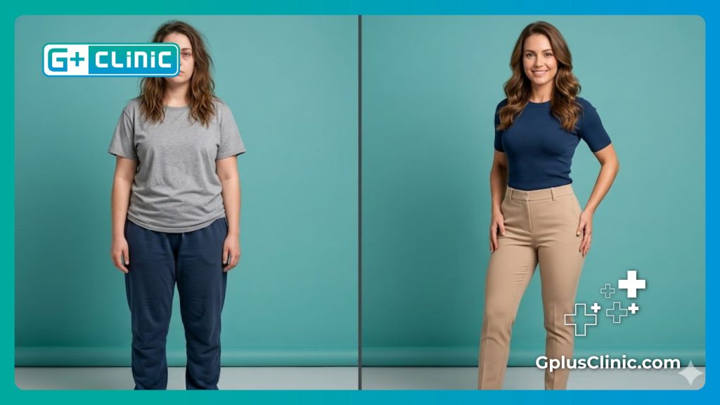 Pantalla dividida del antes y después de la cirugía de contorno de piernas