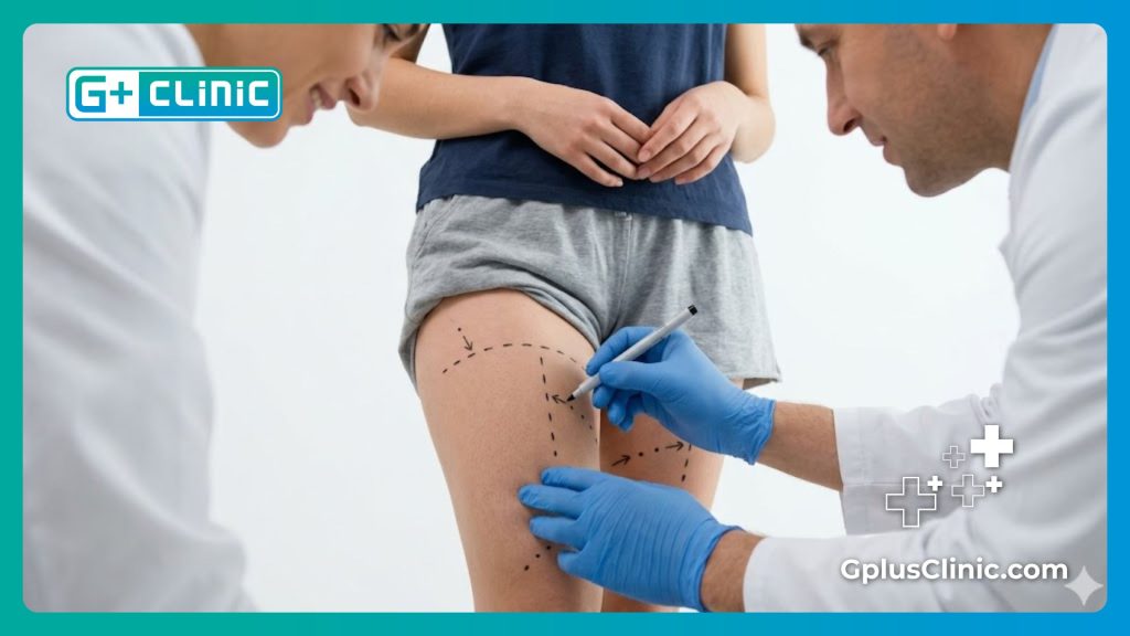 Marcas preoperatorias precisas realizadas por el cirujano en los muslos