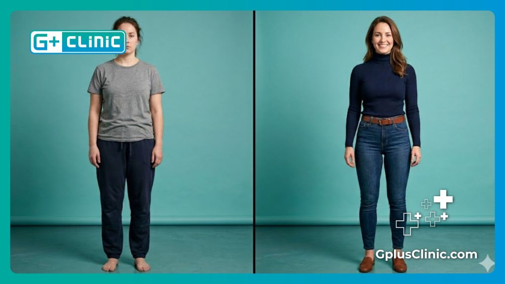 Split screen transformation of contoured thighs