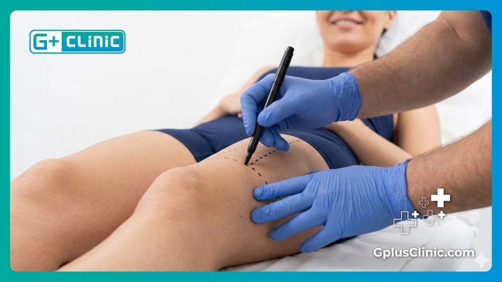 Surgeon precisely marking the patient's thighs for surgery