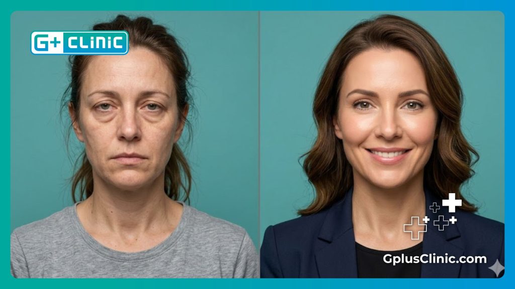 مقارنة قبل وبعد لتجميل منطقة العين ورفع الحواجب بالخيوط