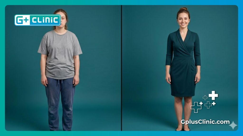 Pantalla dividida con el resultado antes y después del abdomen