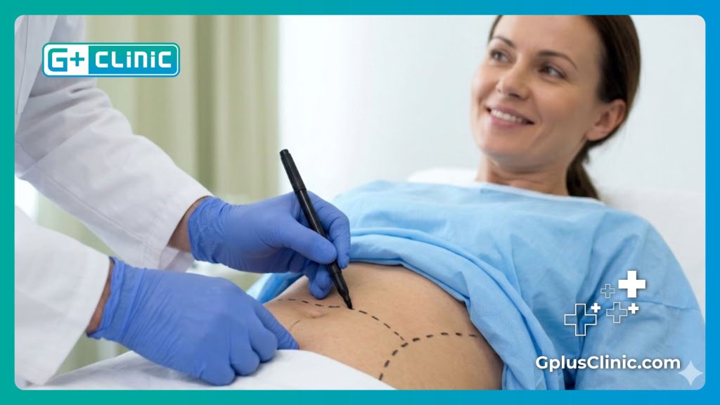 Cirujano dibujando líneas de guía en el estómago del paciente