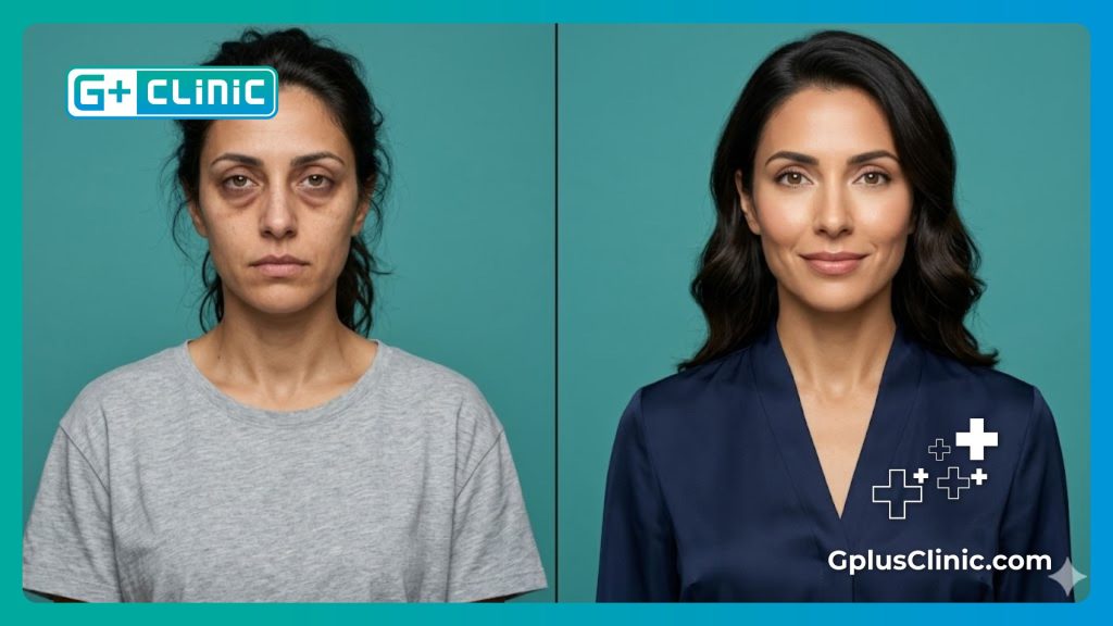 مقارنة قبل وبعد تظهر تحسن منطقة تحت العين واختفاء الهالات.